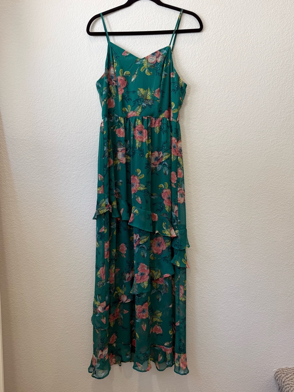 Women’s Xhilaration Teal Floral Maxi Dress with Ruffle Tiers-MEDIUM